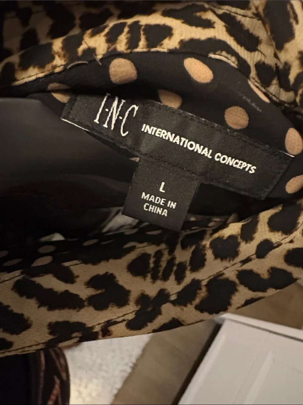 INC International Concepts Black Sheer Polka Dot Blouse with Leopard Trim - Picture 2 of 4